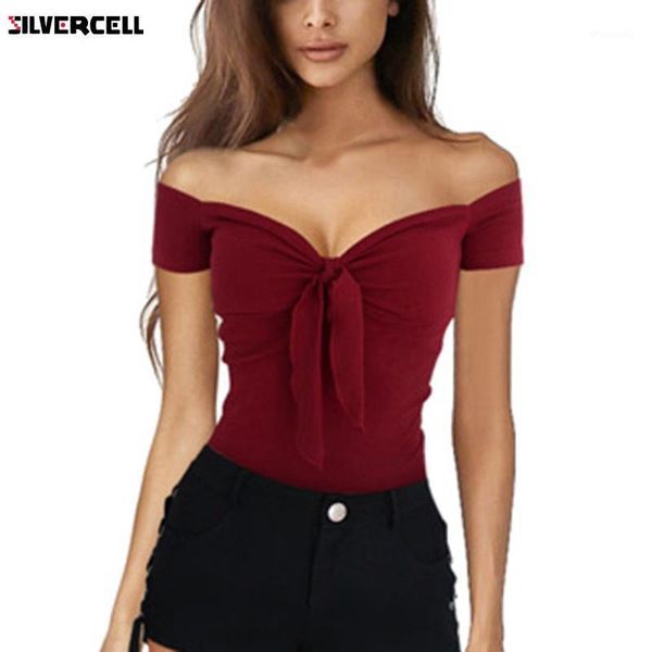 

summer women casual beach party stretch slim fitted tee t-shirt women off shoulder v-neck bow cotton 1, White