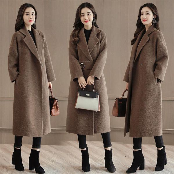 

women's wool & blends blended woolen coat women fashion long jacket winter thick warm outerwear ladies parkers overcoat with belt a1104, Black