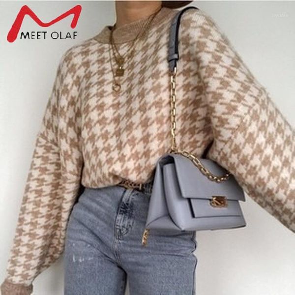 

autumn women vintage geometric khaki knitted sweater women casual houndstooth lady pullover sweater female winter jumper1, White;black
