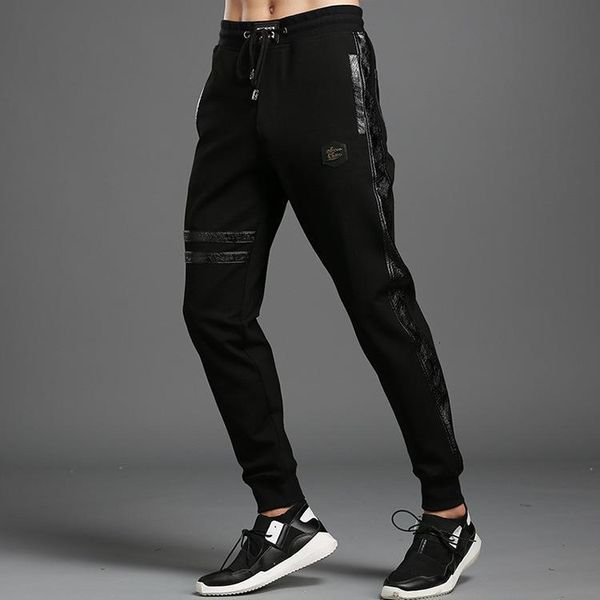 

# 1813 мужчины уличные спортивные штаны черные мужчины jogger 4xl боковой pu кожаная высокая улица эластичная талия высокое качество моды пл, Black