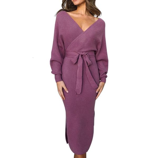 

deep v neck long sleeve bodycon sleeveless knitted sweater dress women autumn winter casual wrap club dress vestidos, Black;gray
