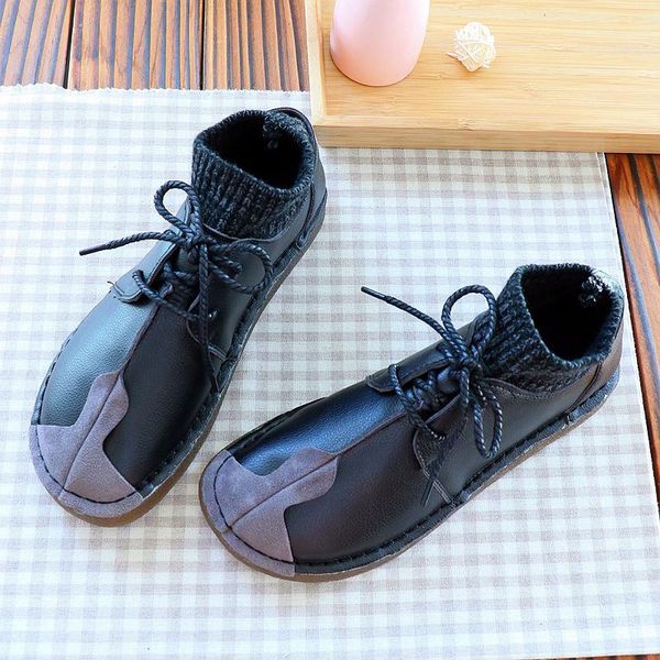 

retro sen female wind socks boots female short tube flat bottom wild single boots flat bottom high to help warm wool shoes, Black