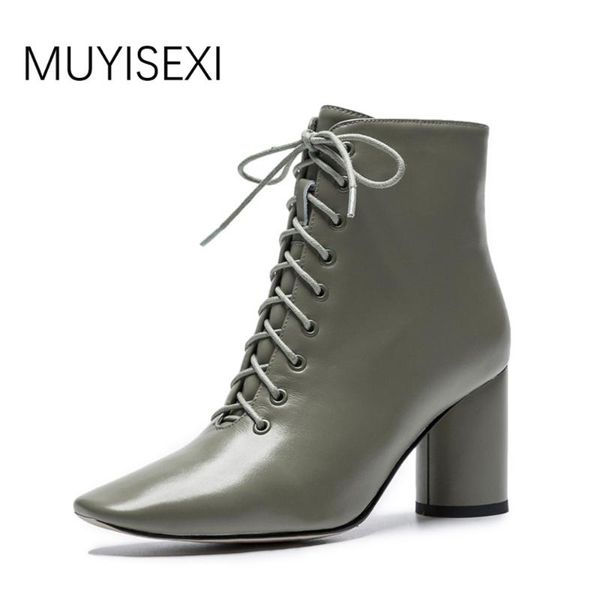 

boots full genuine leather ankle zipper women square toe lace-up short plush autumn for handmade shoes gn07 muyisexi, Black