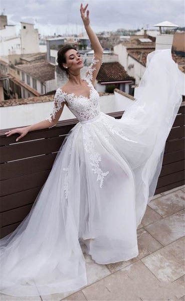 

beach boho a line wedding dresses two pieces jewel neck appliques lace half sleeves illusion overskirts detachable train bridal gowns, White