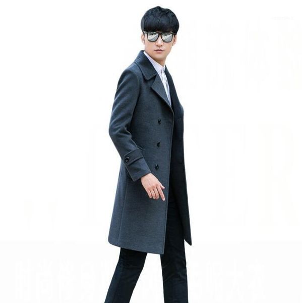

korean grey casual woolen coat men trench coats long sleeves overcoat mens cashmere coat casaco masculino inverno erkek england1, Black