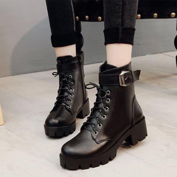 

boots women's ankle platform black motorcycle boot leather punk cool 2021 woman lace up shoes on fashion botte femme