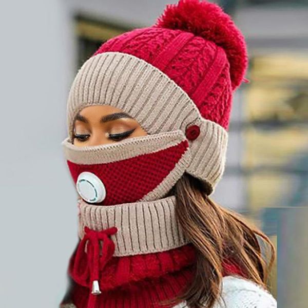 

beanie/skull caps ladies thickening plus velvet warm outdoor mask hat scarf autumn winter women knitted wool ball sleeve ear protection, Blue;gray