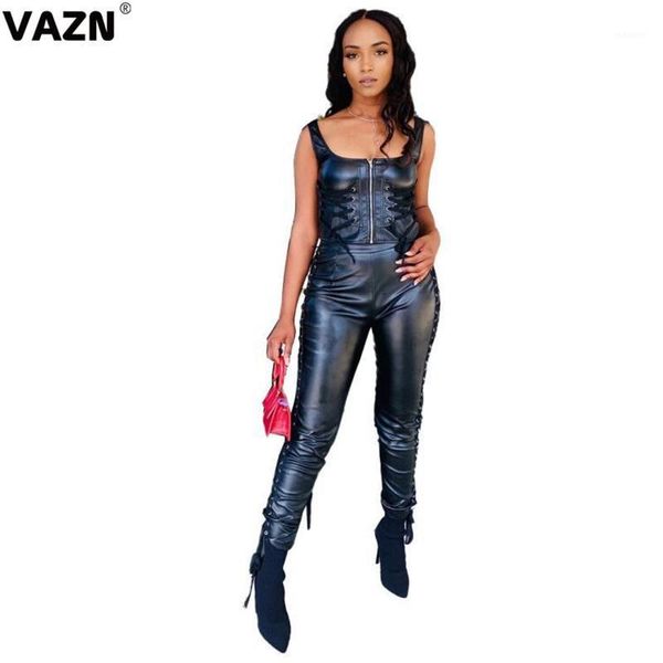 

vazn 2020 new leather set joker high-end young solid cross bandage mini tank high waist long pants women 2 piece set1, Gray