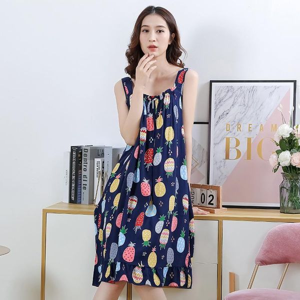 

summer night dress women nightgown thin sleeveless dressnightie nightdress sleepwear print loose cotton1, Black;red