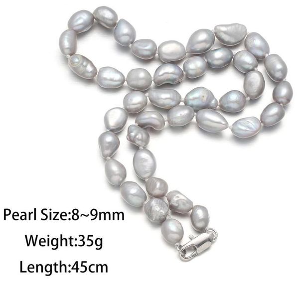 

chains pure natural freshwater pearl necklace for woman light grey rice ship classic elegance style beads: 8-9mm : 45cm, Silver