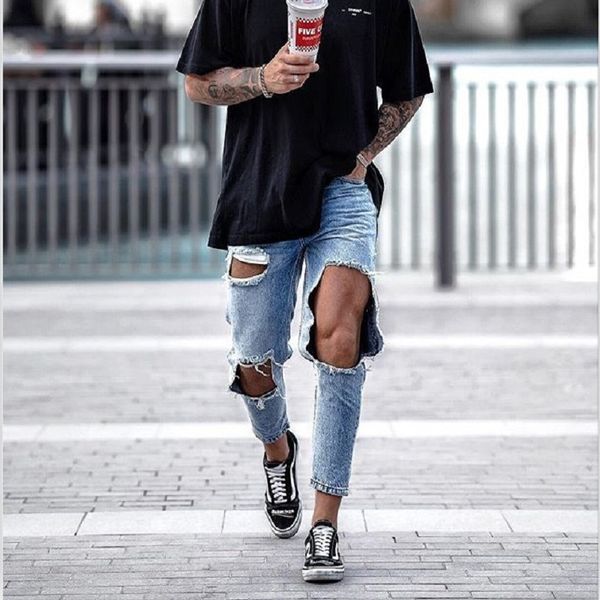

mens biker jeans high street slim fit ripped jeans male distressed denim skinny washed big hole zipper jeans1, Blue