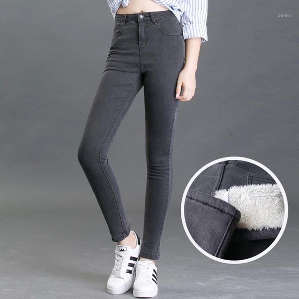 

women thick plus size warm ladies denim jeans femme winter plus velvet lamb wool high waist jeans woman long pencil pants hk2001, Blue