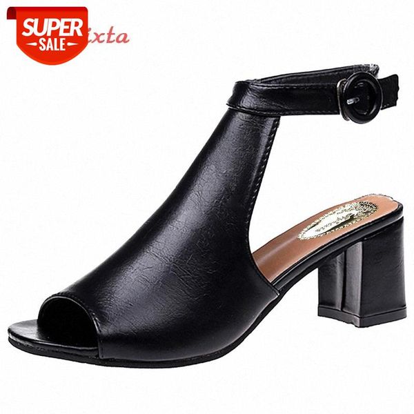 

aphixta shoes women square medium heels sandals fashion peep toe buckle summer shoes for women sandalias lether back strap s #j69r, Black