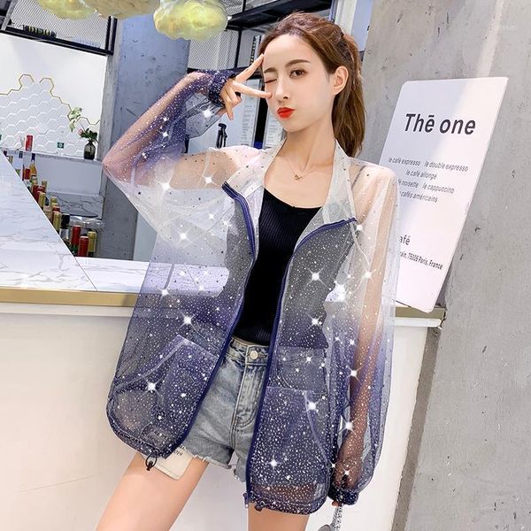 

summer long sleeve see through sparkling star bling sunscreen sunproof loosen coat chic thin sunproof jacket1, Black;brown
