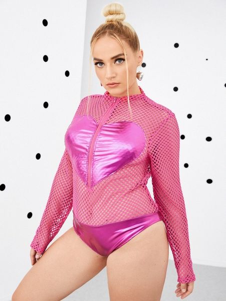 

plus metallic panel half zipper sheer fishnet bodysuit z9pd#, Black