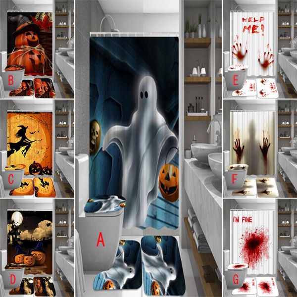 

shower curtains scary night pumpkin ghost witch bathroom set halloween pedestal rug lid toilet cover mat bath carpet sets