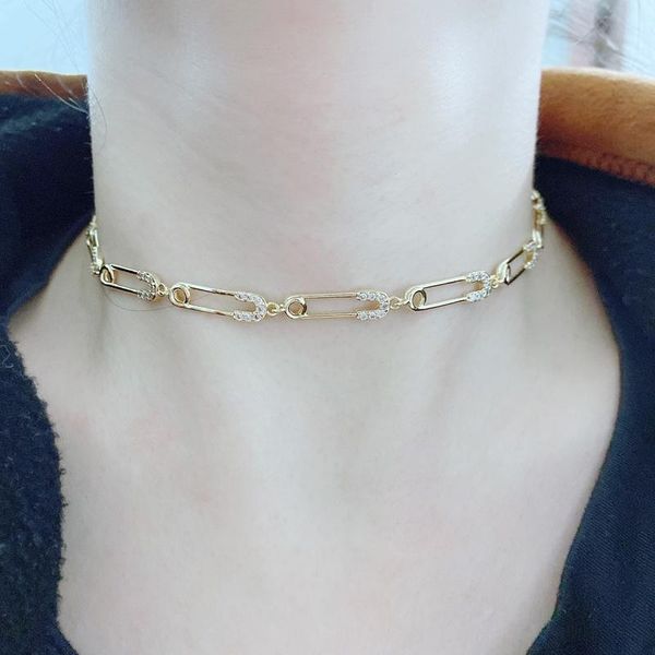 

5pcs/lot safety pin cz paved necklaces choker, Golden;silver