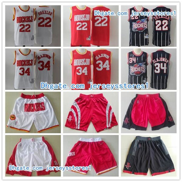 

мужская хьюстон ракеты rembeble jersey hakeem 34 olajuwon clyde 22 drexler баскетбольные шорты баскетбол майки красный белый, Black;red