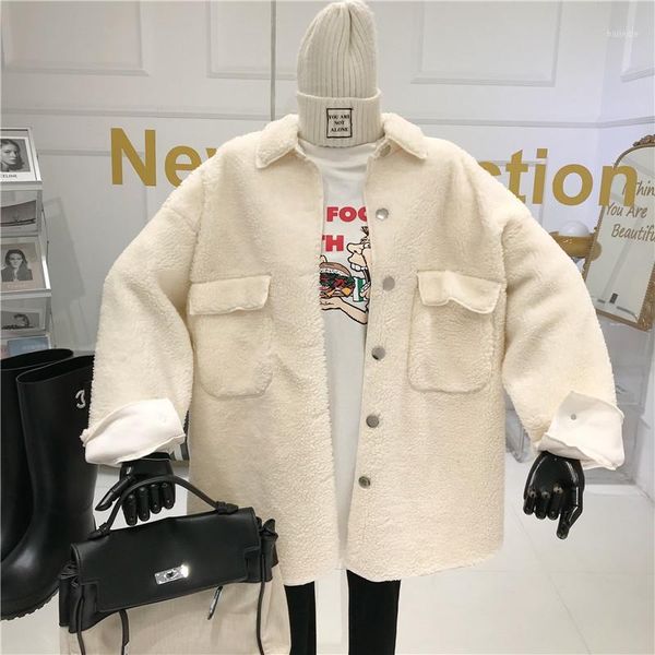 

women lambswool lady autumn/winter niche design 2020 new pockets blouse fashion loose fur integrated plush warm coat long sleeve1, Black