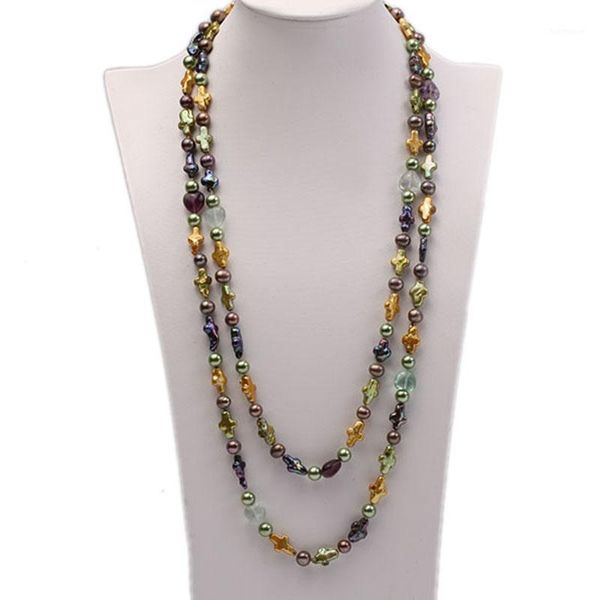 

jyx pearl long necklace women 10-15mm multicolor cross freshwater pearl with crystal opera necklace 60"1, Silver