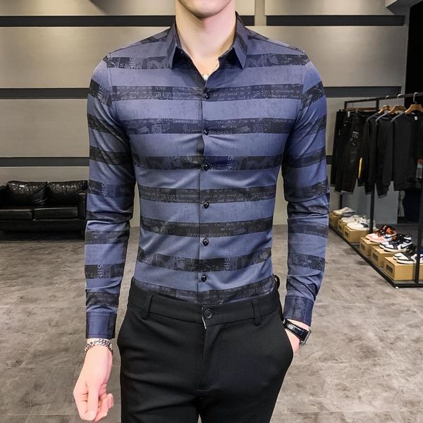 

new arrival men's fashion business casual 2020 autumn personality striped printing men's shirt long sleeved men shirt -4xl, White;black