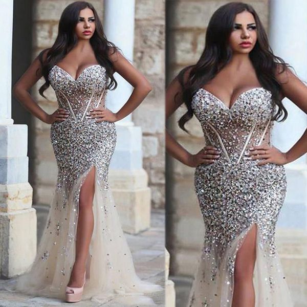 

luxury crystals plus size prom dresses sweetheart neck rhinestones split side evening gowns mermaid floor length long beaded formal dress, Black;red
