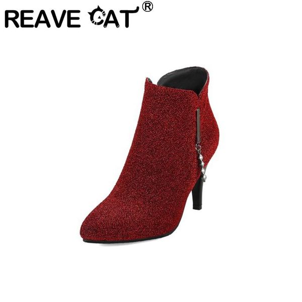 

boots reave cat fashion woman winter warm ankle pointed toe 9cm thin heels zipper rhinestone large size 32-43 casual a2786, Black