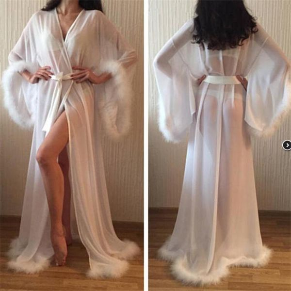 

see through bridal sleepwear fur robes women gowns for pshoot boudoir lingerie bathrobe nightwear babydoll robe ready to wear, White