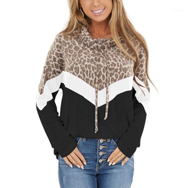 

women pocket hoody hoodie long sleeve hooded sweatshirt pullover leopard print patchwork lace-up sweatshirt jumper new1, Black