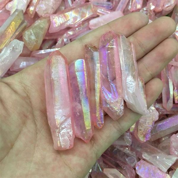 Natural 5 pcs Drop Shipping Rosa Titânio Aura Quartz Cristal Preciso Ponto Cura Chakra Cristal Point para Jóias