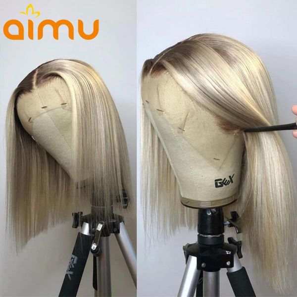 

ombre 613 blonde hd transparent 13x6 lace front wigs preplucked brazilian short bob straight frontal human hair wigs for women, Black;brown