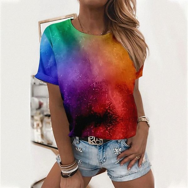 

women's abstract painting t shirt color block tie dye print round neck basic purple red yellow p50c#, White