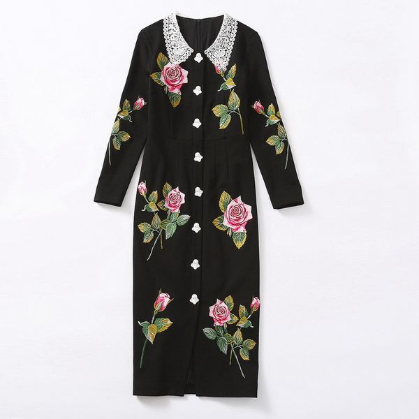 

1130  2021 runway dress brand same style dress long sleeve lapel neck dress black womens clothes luxury fashion sh