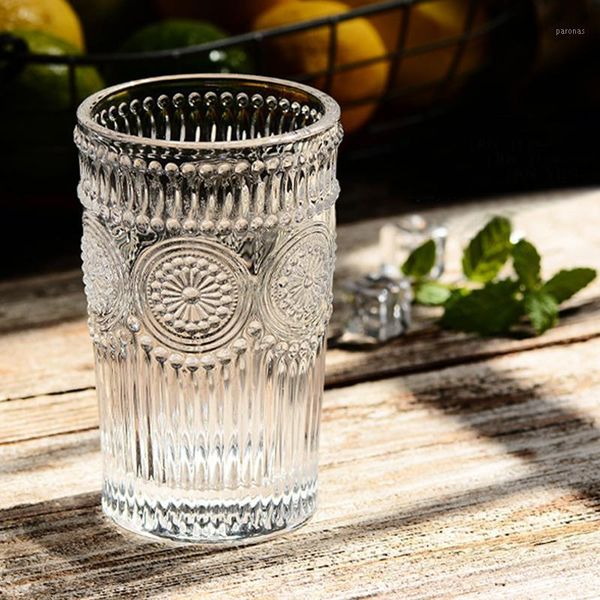 

mugs antique class cup clear embossed water glass sunflower juice wine milk drinking glasses large coffee mug gift drinkware1