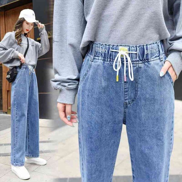 

woman jeans pants elastic waist loose high junior high school students less than casual straight pants pantalones vaqueros mujer, Blue