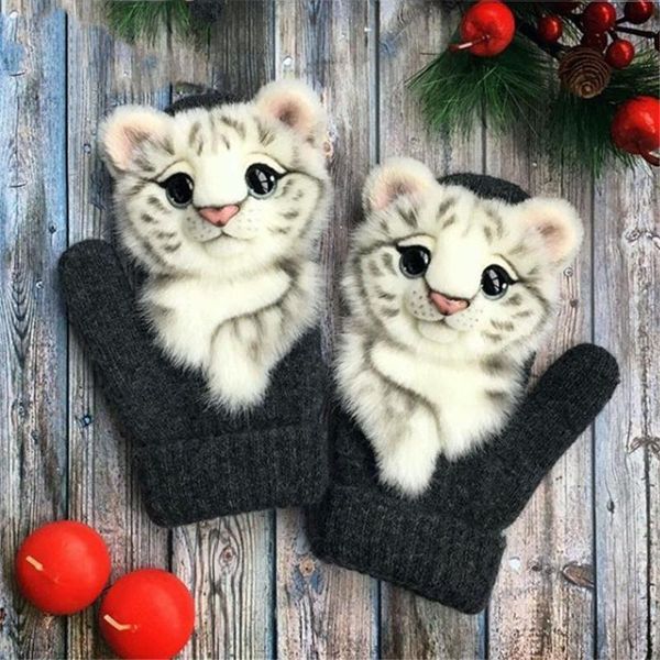 

five fingers gloves animal cat dog panda racoon design kid winter warm 22cm long cute girl mittens full fashion soft princess #t1g, Blue;gray