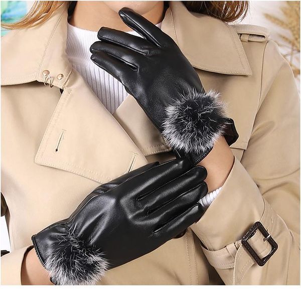 

1 pair women's glove faux leather winter driving gloves soft windproof gloves rabbit fur warm outdoor touch screen glove bbyees, Black