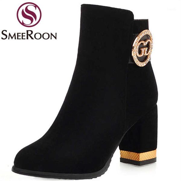 

boots smeeroon 2021 ankle for women round toe zip autumn winter flock high heels ladies prom big size 34-431, Black