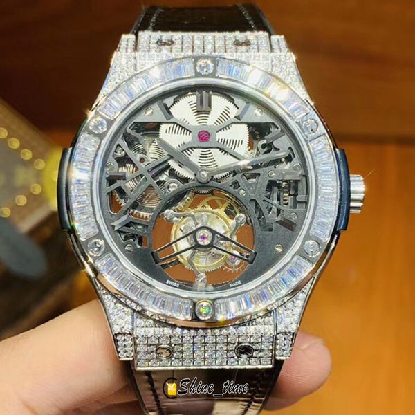 

version classic fusion diamond bezel silver case 505.ox.0180.lr.0904 true tourbillon skeleton dial automatic mens watch leather strap, Slivery;brown