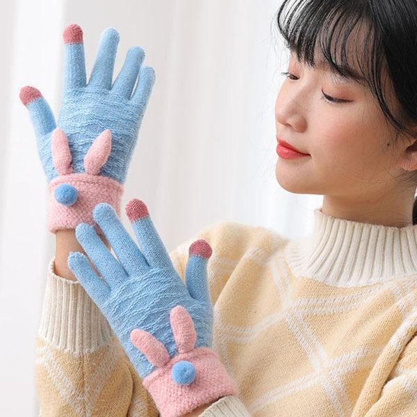 

winter knitted gloves full finger gloves with ears fur ball touch screen thick warm female cycling riding driving mittens, Blue;gray