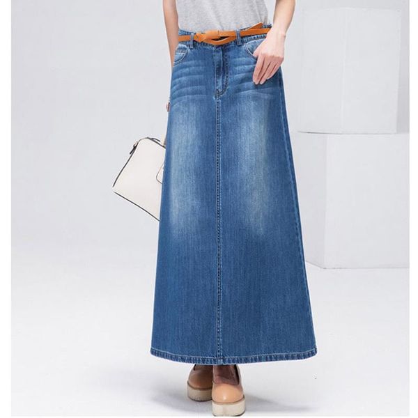 

korea style long casual denim skirt summer autumn women a-line plus size long maxi skirts woman high waist jeans skirts no belt, Black