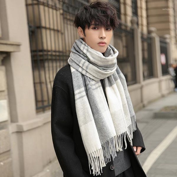 

scarves plaid wool scarf for men winter shawls wraps warm neckerchief muffler neck warmer thick soft male1, Blue;gray