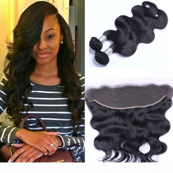 

peruvian virgin human hair wefts with closure 2 bundles body wave with lace frontal natural color hair extensions, Black;brown