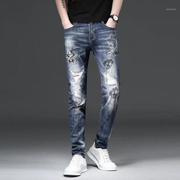 

new 2020 men's male jeans embroidered chinese style pattern slim elastic pants personality trousers spring autumn1, Blue