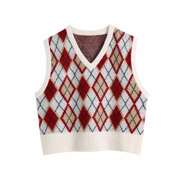 

new 2021 red knitted argyle women vintage sleeveless v neck cropped knit vest woman winter sweater onyz, White;black