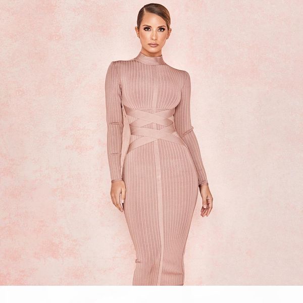 

long sleeve cross strap ribbed nude christmas 2019 women's new fashion bodycon pattern winter knee-length bandage dress c18121701, Black;pink