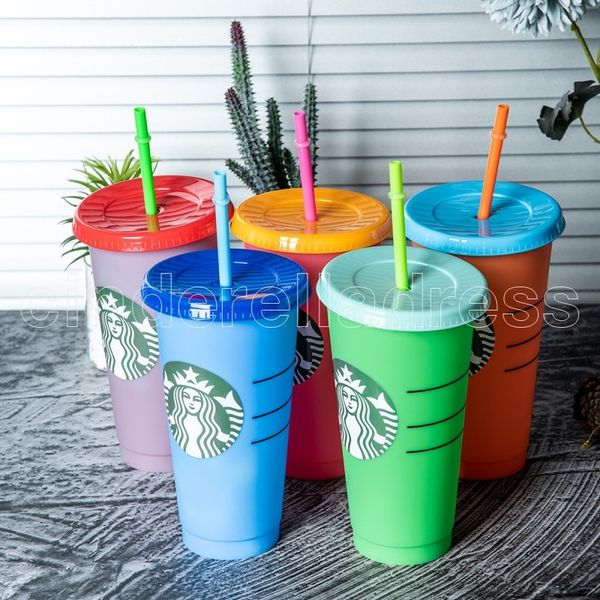 

starbucks 24oz/710ml plastic tumbler reusable clear drinking flat bottom cup pillar shape lid straw mug bardian 50pcs ing