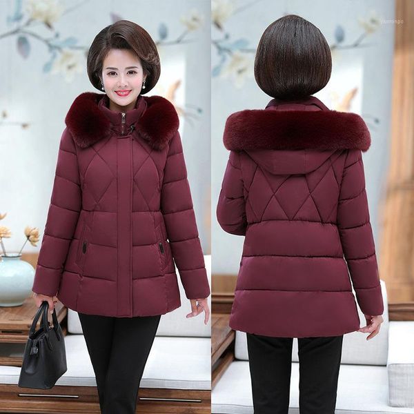 

winter coat women fashion parka hooded solid color middle-aged and elderly mothers wear cotton jacket women plus size1, Black