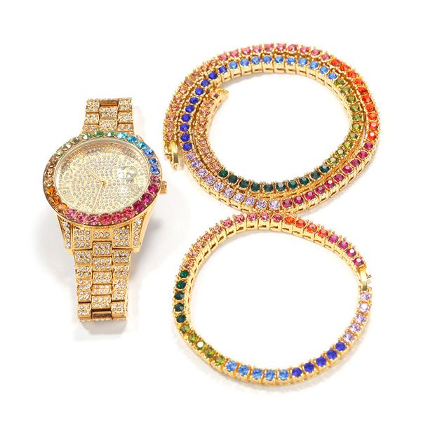 

3 in 1 set mens hip hop iced out bling colorful cz rhinestone tennis chain necklace bracelets watch charm jewelry gifts, Silver