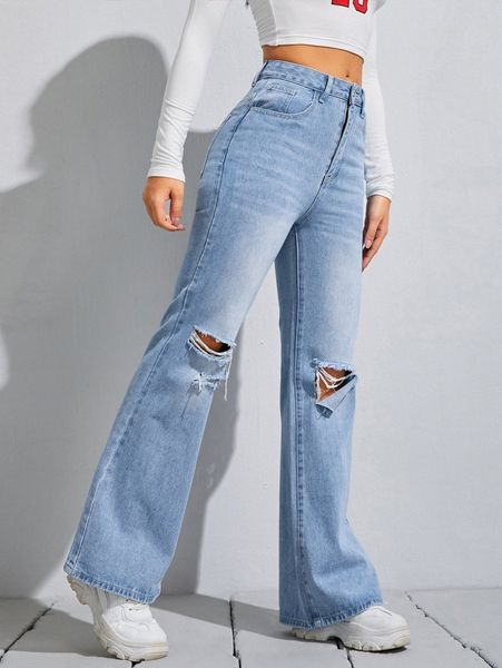 

bleach wash ripped flare leg jeans n6se#, Blue